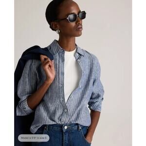 Quince Linen Shirt Womens XL Blue White Striped Button Up Long Sleeve Casual